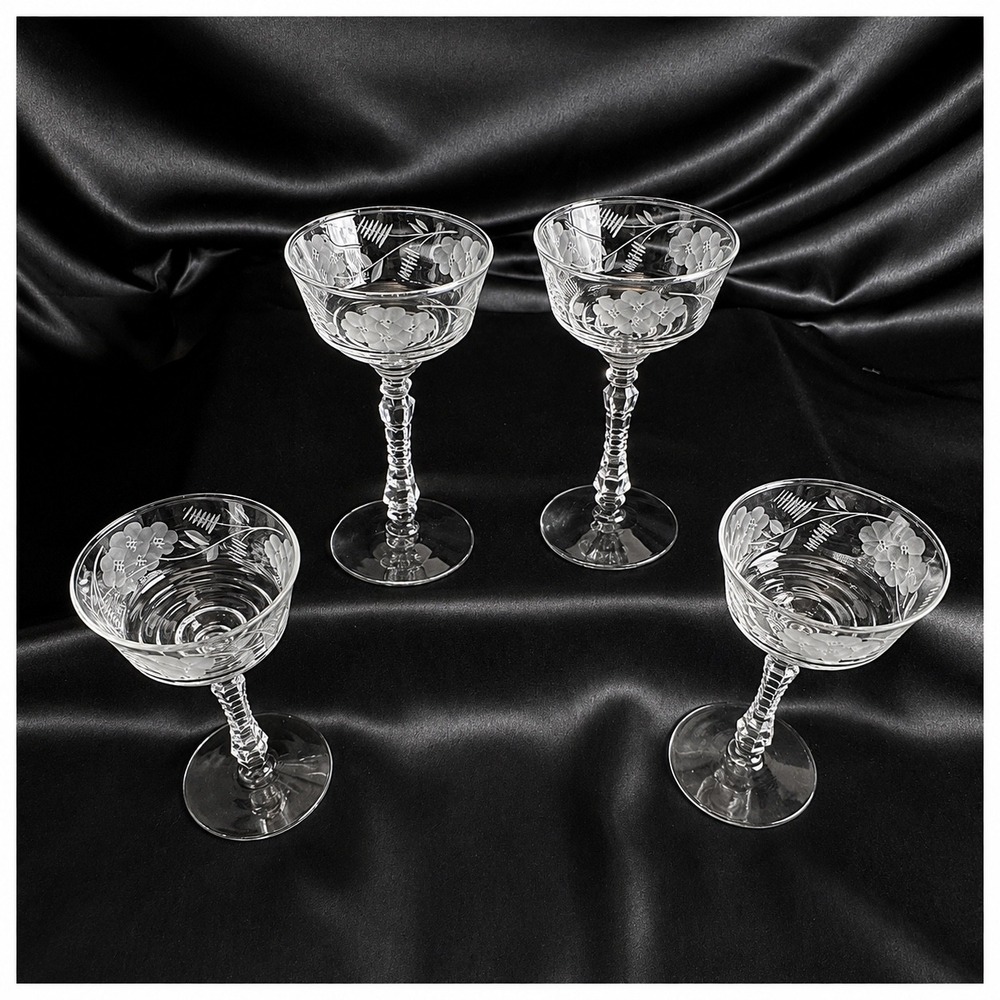 Libbey Rock Sharpe Floral Champagne Coupe Sherbet Glasses 3005 Cut Stem Set of 4